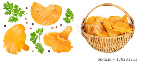 Chanterelle mushroom in a wicker basket isolated on a white background. Top view. Flat lay Chanterelle mushroom in a wicker basket isolated on a white background. Top view. Flat lay 130231213