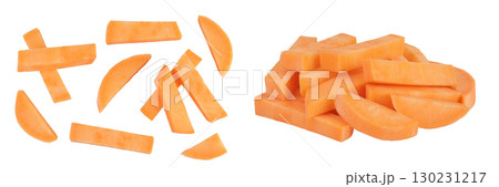 Sweet potato slices isolated on white background. Top view. Flat lay 130231217