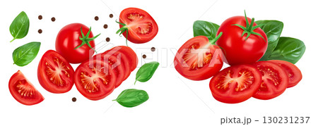 Tomato with slices isolated on white background with full depth of field. 130231237