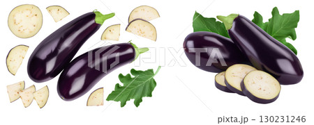 Eggplant or aubergine isolated on white background with full depth of field. Top view. Flat lay. 130231246