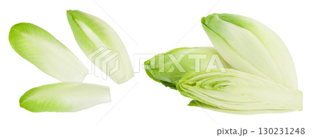 Chicory salad leaves isolated on white background with full depth of field. Top view. Flat lay 130231248