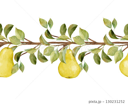 Hand-drawn illustration of a seamless horizontal border featuring yellow pears hanging from a leafy brown branch 130231252