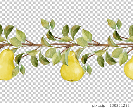 Hand-drawn illustration of a seamless horizontal border featuring yellow pears hanging from a leafy brown branch 130231252