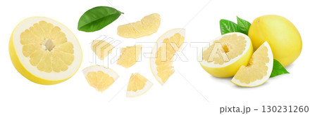 pomelo with slice and leaf isolated on white background with copy space for your text . Top view. Flat lay. pomelo with slice and leaf isolated on white background with copy space for your text . Top view. Flat lay. 130231260