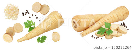 Parsnip root and slices with parsley isolated on white background . Top view. Flat lay 130231264