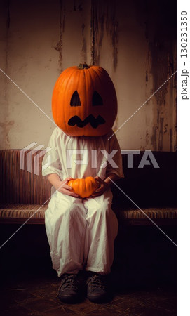 Pumpkin head person sitting on a couch during fall Pumpkin head person sitting on a couch during fall 130231350