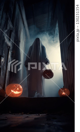 Haunted figure with pumpkin lanterns 130231354