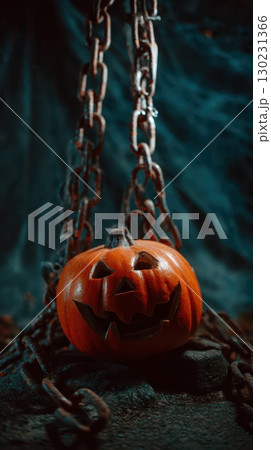 Chains on Halloween pumpkin in darkness 130231366