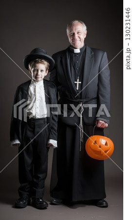 Father and son in Halloween costumes together 130231446