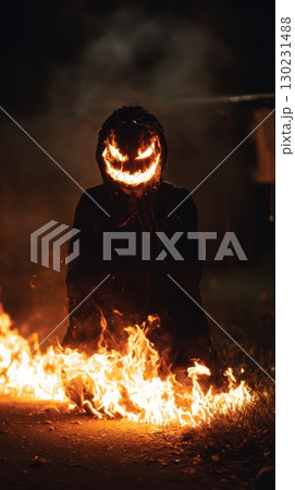 Black figure with a fiery pumpkin head 130231488
