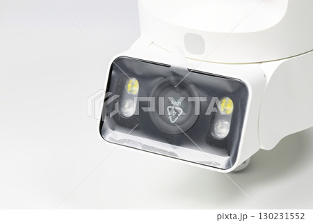 close-up shot lens with film protection of brand new home security camera on white background. close-up shot lens with film protection of brand new home security camera on white background. 130231552