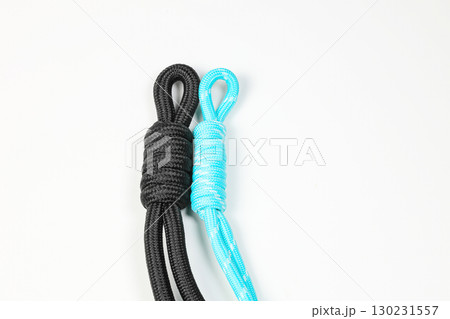 close up of color nylon shoelace isolated on white background. 130231557
