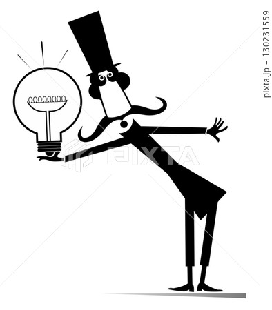 Business idea, knowledge exchange, successful work. Cartoon man in the top hat holds a light bulb. Black and white Business idea, knowledge exchange, successful work. Cartoon man in the top hat holds a light bulb. Black and white 130231559