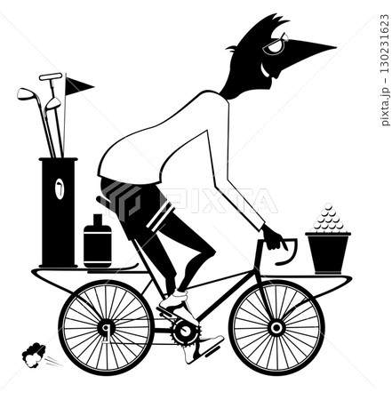 Young man on the bicycle on the way to golf course. Cartoon cycling man on the way to the golf course. Black and white Young man on the bicycle on the way to golf course. Cartoon cycling man on the way to the golf course. Black and white 130231623