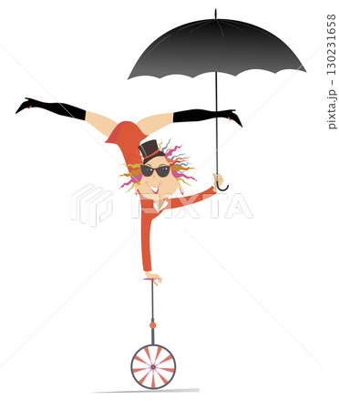 Equilibrist woman with umbrella balances on the unicycle. Sexy young woman in the top hat with umbrella balances on one hand on the unicycle. Isolated on white background 130231658