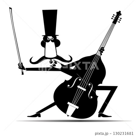 Cartoon long mustache cellist in the top hat. Smiling mustache man in the top hat with cello and fiddlestick. Black and white illustration Cartoon long mustache cellist in the top hat. Smiling mustache man in the top hat with cello and fiddlestick. Black and white illustration 130231681