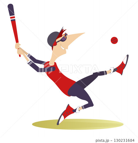 Cartoon baseball player. Cartoon baseball player. Baseball batter in game action	 130231684