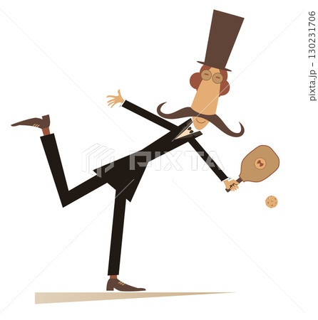 Cartoon man in the top hat playing pickleball. Cartoon man in the top hat plays pickleball. Isolated on white background Cartoon man in the top hat playing pickleball. Cartoon man in the top hat plays pickleball. Isolated on white background 130231706