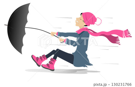 Young woman, umbrella and windy day. Young female person in warm clothes with umbrella stands on the strong wind. Isolated on white background Young woman, umbrella and windy day. Young female person in warm clothes with umbrella stands on the strong wind. Isolated on white background 130231766
