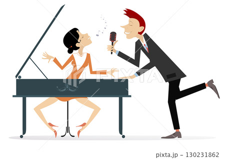 Couple musicians, singer man and pianist woman. Expressive duet of man with a microphone and pianist woman. Isolated on white background 130231862