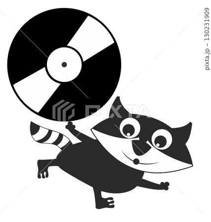 Cute raccoon holding long play record. Music on vinyl. Cartoon cute raccoon holds vinyl record. Black and white illustration 130231909