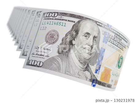 Abstract Set of U.S. 100 Dollar Bills Isolated on a White Background. 130231978