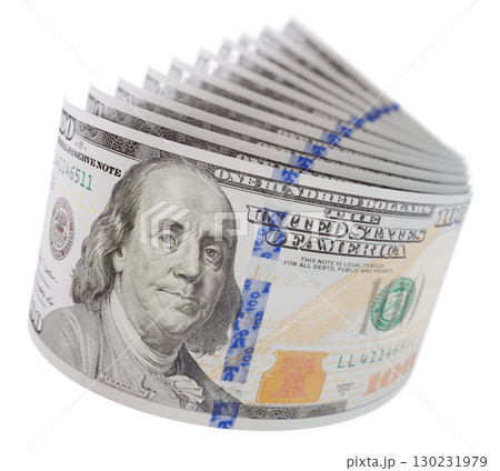 Abstract Set of U.S. 100 Dollar Bills Isolated on a White Background. 130231979
