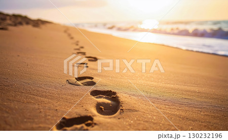 夕暮れの砂浜に続く足跡の列 ／ 季節の移ろいや旅の思い出を表現する詩的な風景素材 130232196