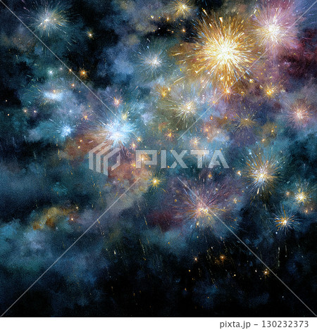 夜空に輝く幻想的な花火のイラスト（絵画風） 130232373