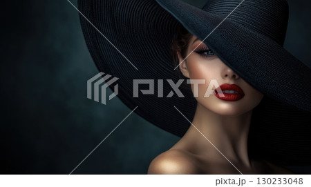 Woman in black hat with bold lips 130233048
