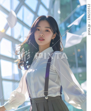 ガラス張りの建物で舞う書類と女性のポートレート(Stylish Woman in Modern G) 130233312