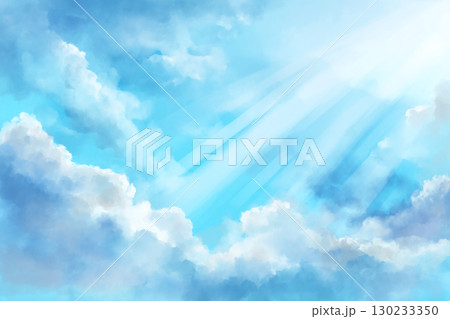 柔らかな光が差し込む青空と雲の背景（水彩風） 130233350