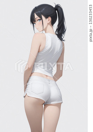 黒髪ポニーテールの美少女がノースリーブの短パンで振り返る姿。 130233453