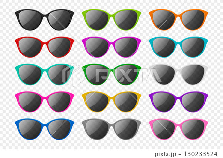Colorful Sunglasses Set, Vector Illustration. Fashion Summer Eyewear Collection with Trendy UV Protection Glasses. Modern Stylish Sunglasses for Beach, Vacation, Travel, Holiday, Advertising 130233524