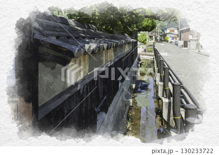 水彩画風　八浜の町並み　八浜本町通り　岡山県玉野市 130233722