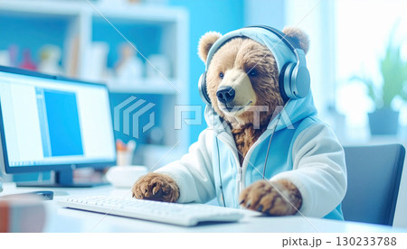 カラフルパーカーのクマ、PC作業中 130233788