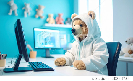 カラフルパーカーのクマ、PC作業中 130233789