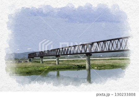 水彩画風 高梁川 井原線 高梁川橋梁 岡山県倉敷市 水彩画風 高梁川 井原線 高梁川橋梁 岡山県倉敷市 130233808