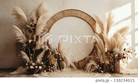 boho wedding indoor macrame rug arch room, ai 130234015