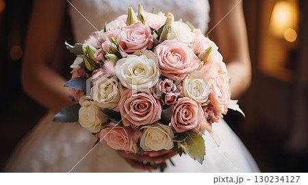 woman holding a wedding bouquet flowers, ai 130234127
