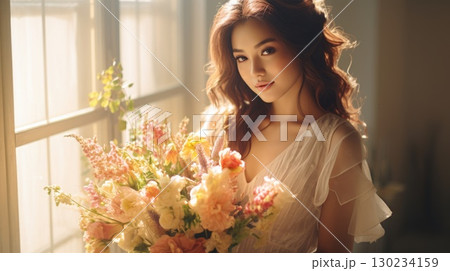 asian female, bridal studio photography with flower bouquet, ai 130234159