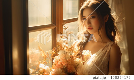 asian female, bridal studio photography with flower bouquet, ai 130234173