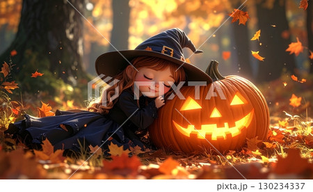 カボチャのジャック・オー・ランタンの隣で眠るハロウィンの魔女の仮装をしたかわいい女の子の3Dイラスト カボチャのジャック・オー・ランタンの隣で眠るハロウィンの魔女の仮装をしたかわいい女の子の3Dイラスト 130234337
