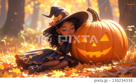カボチャのジャック・オー・ランタンの隣で眠るハロウィンの魔女の仮装をしたかわいい女の子の3Dイラスト 130234338
