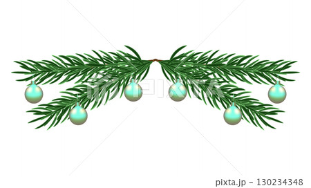 Christmas tree branch with decorations New Year. Balls glitter confetti. Design postcard banner poster and web page. Vector illustration. Christmas tree branch with decorations New Year. Balls glitter confetti. Design postcard banner poster and web page. Vector illustration. 130234348