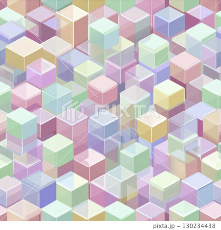 Seamless pattern of pastel colored 3D cubes with transparent and opaque surfaces, creating soft, geometric, and modern visual effect, perfect for backgrounds or design projects 130234438