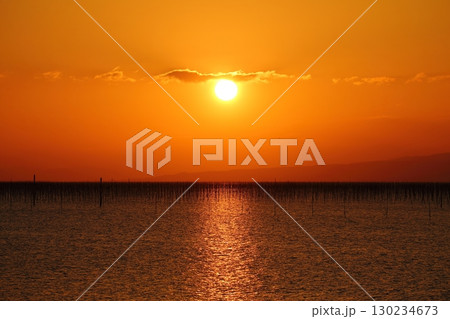 大牟田市　有明海　海苔畑　元旦の夕暮れ、 130234673