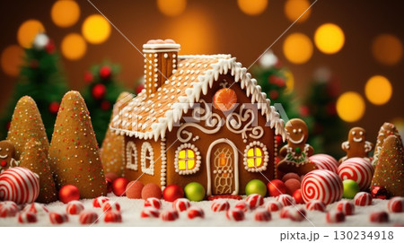 gingerbread house with christmas decoration xmas holiday sweets 130234918