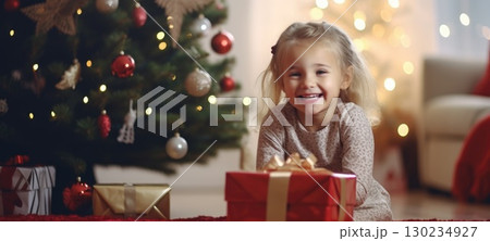 5 years old blonde girl child getting xmas gift present christmas tree, ai 130234927
