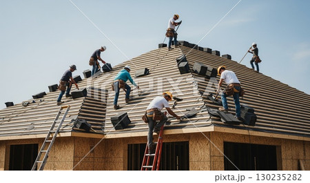 Workers in various attire are installing black tiles on a wooden sloped rooftop. Ladders are placed at different sides, and tools are scattered on the roof. Clear sky in the background 130235282